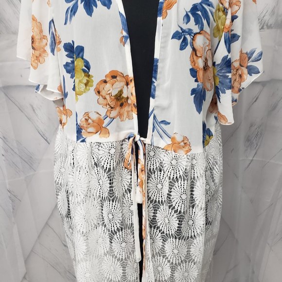 Shein Floral Lace Fringe Kimono Tie Cottage Core Boho Blouse Size 1XL - Picture 3 of 14